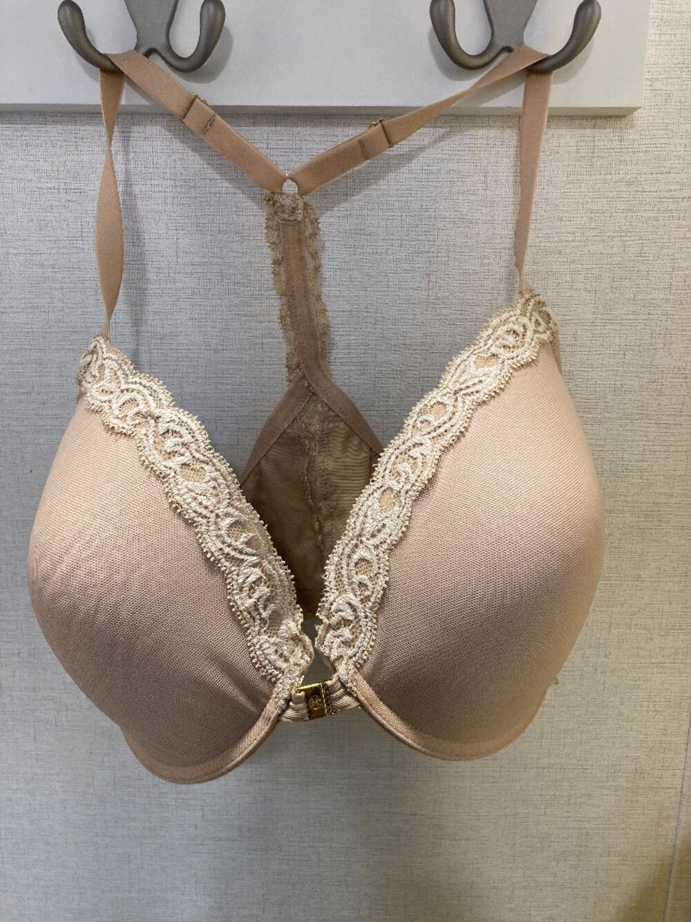 Natori Beige Lace-Trim Front-Close Racerback Bra